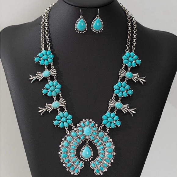 no brand Jewelry - Turquoise Floral Squash Blossom Necklace Set - Women Jewelry